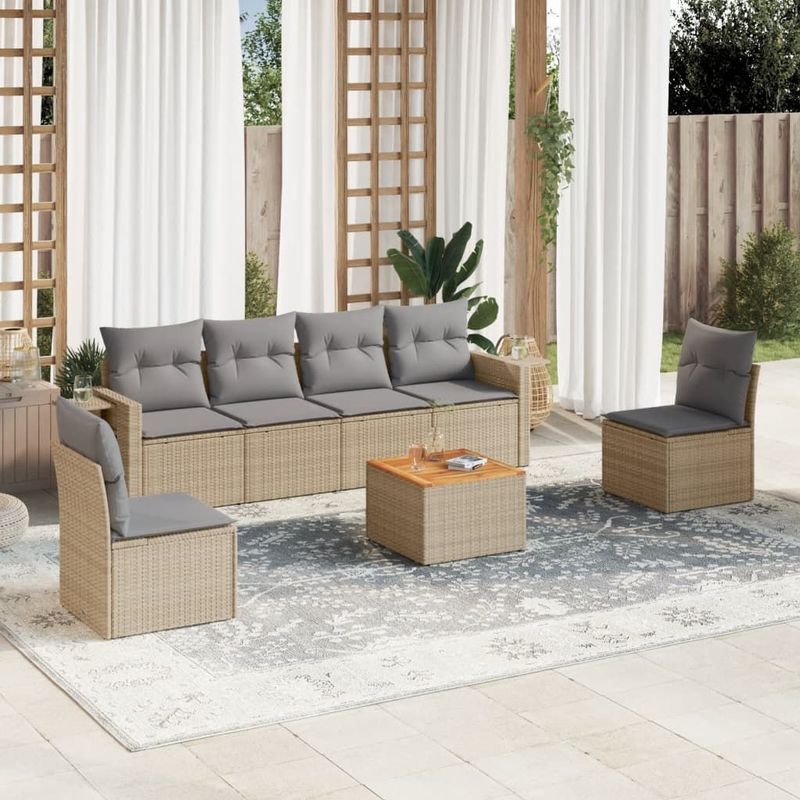 vidaXL 7-delige Loungeset met kussens poly rattan gemengd beige
