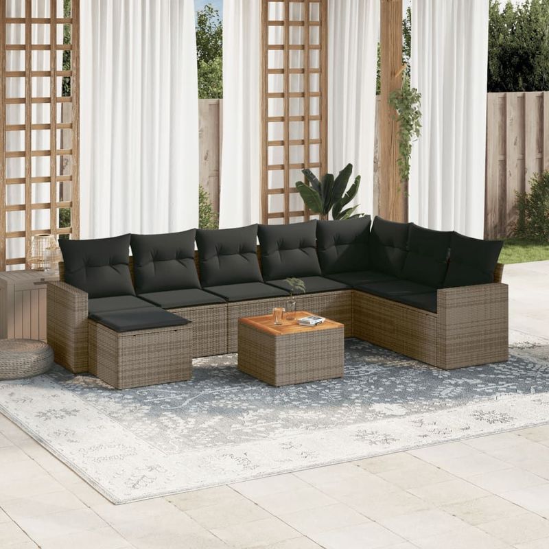 vidaXL - 9-delige - Loungeset - met - kussens - poly - rattan - grijs