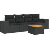 vidaXL 5-delige Loungeset met kussens poly rattan zwart