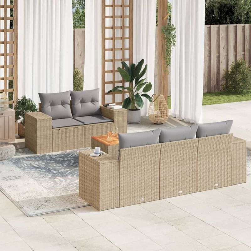 vidaXL - 6-delige - Loungeset - met - kussens - poly - rattan - beige