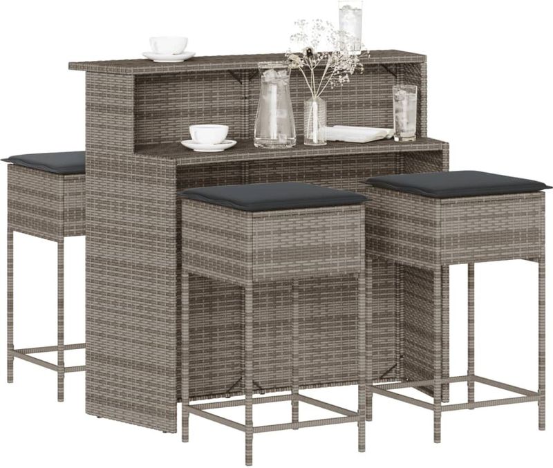 vidaXL - 5-delige - Tuinbarset - met - kussens - poly - rattan - grijs