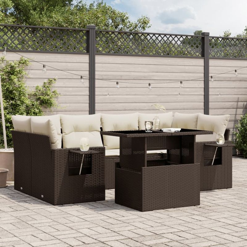 vidaXL - 7-delige - Loungeset - met - kussens - poly - rattan - bruin