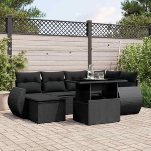 vidaXL - 7-delige - Loungeset - met - kussens - poly - rattan - zwart