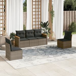 vidaXL - 5-delige - Loungeset - met - kussens - poly - rattan - grijs