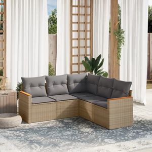 vidaXL - 5-delige - Loungeset - met - kussens - poly - rattan - beige