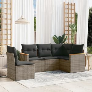 vidaXL - 5-delige - Loungeset - met - kussens - poly - rattan - grijs