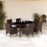vidaXL - 7-delige - Tuinset - met - kussens - poly - rattan - en - glas - bruin