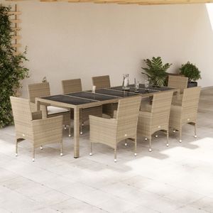 vidaXL - 9-delige - Tuinset - met - kussens - poly - rattan - en - glas - beige