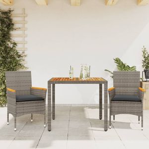 vidaXL - 3-delige - Tuinset - met - kussens - poly - rattan - en - acaciahout - grijs