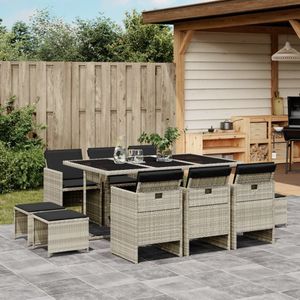 vidaXL - 11-delige - Tuinset - met - kussens - poly - rattan - lichtgrijs