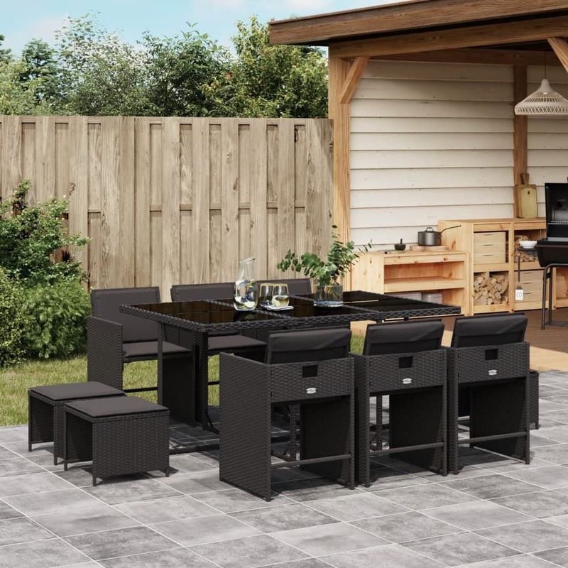vidaXL - 11-delige - Tuinset - met - kussens - poly - rattan - zwart