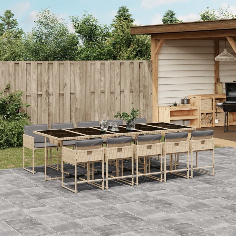 vidaXL - 11-delige - Tuinset - met - kussens - poly - rattan - gemengd - beige