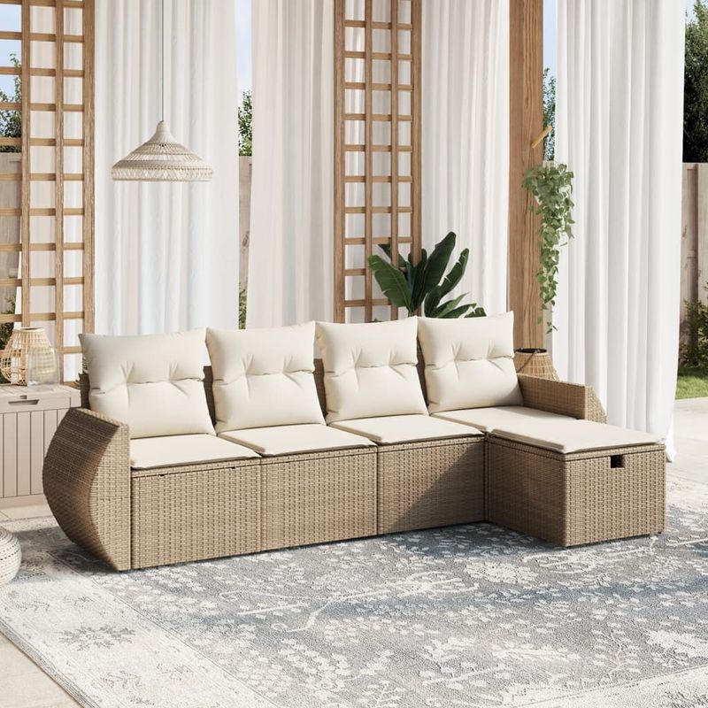 vidaXL - 5-delige - Loungeset - met - kussens - poly - rattan - beige
