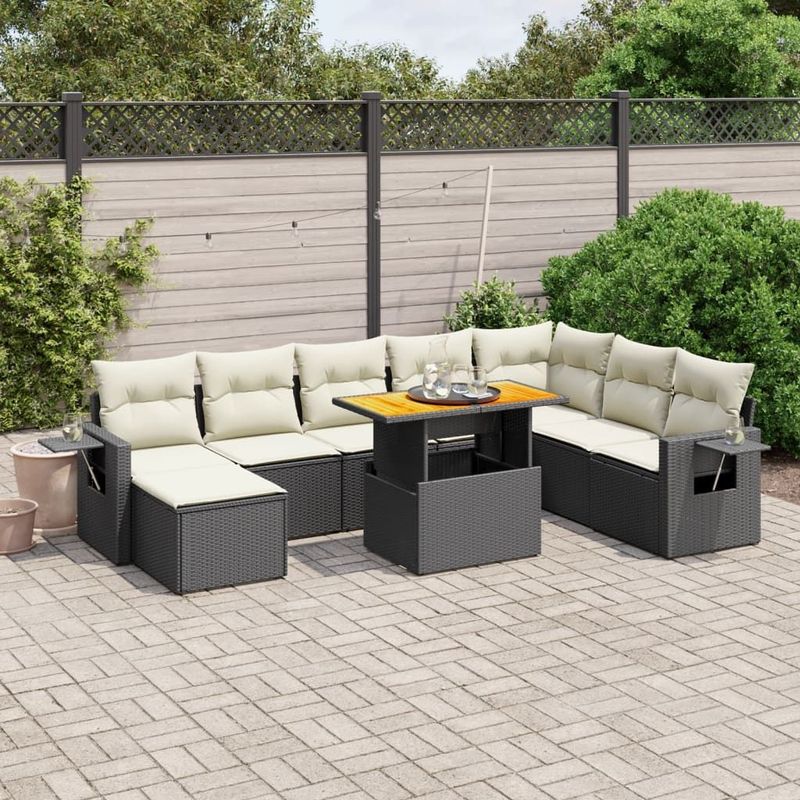 vidaXL - 9-delige - Loungeset - met - kussens - poly - rattan - zwart