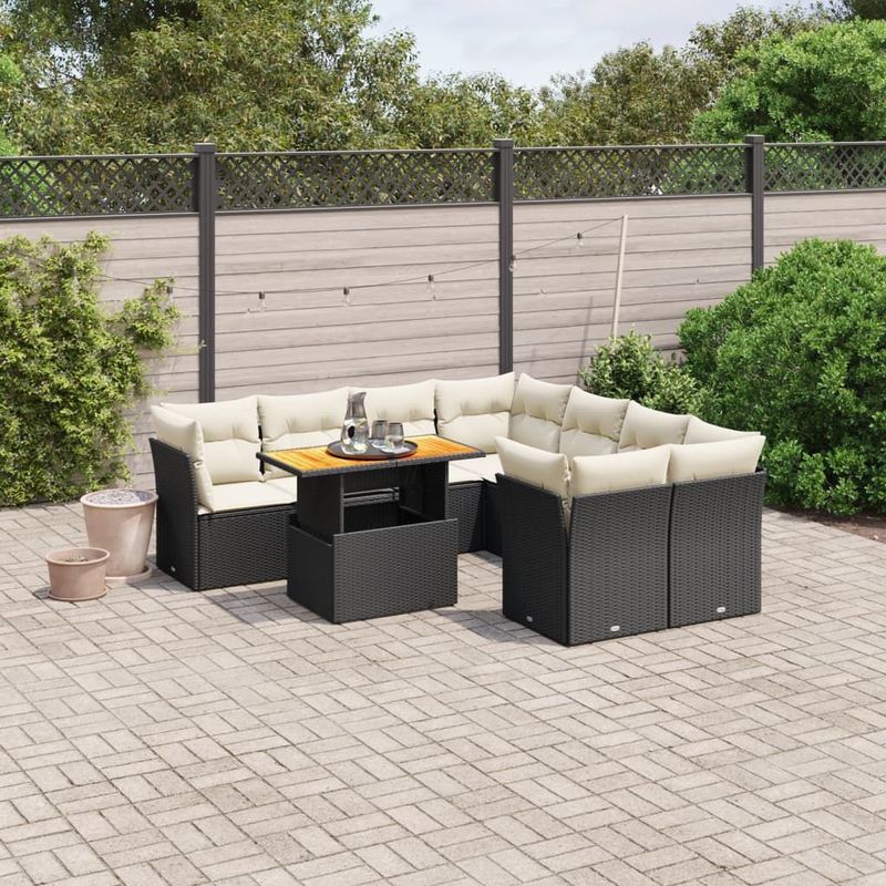 vidaXL - 9-delige - Loungeset - met - kussens - poly - rattan - zwart