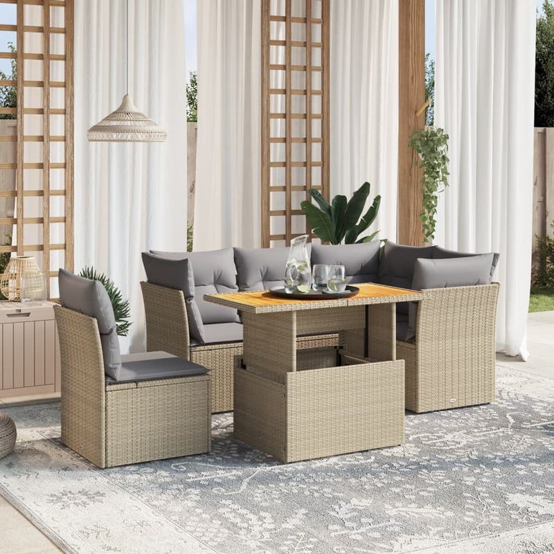 vidaXL - 5-delige - Loungeset - met - kussens - poly - rattan - beige