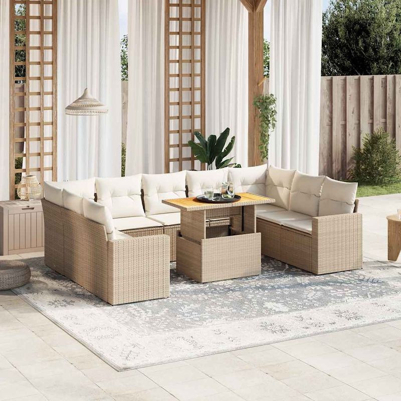 vidaXL - 10-delige - Loungeset - met - kussens - poly - rattan - beige