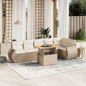 vidaXL - 7-delige - Loungeset - met - kussens - poly - rattan - beige