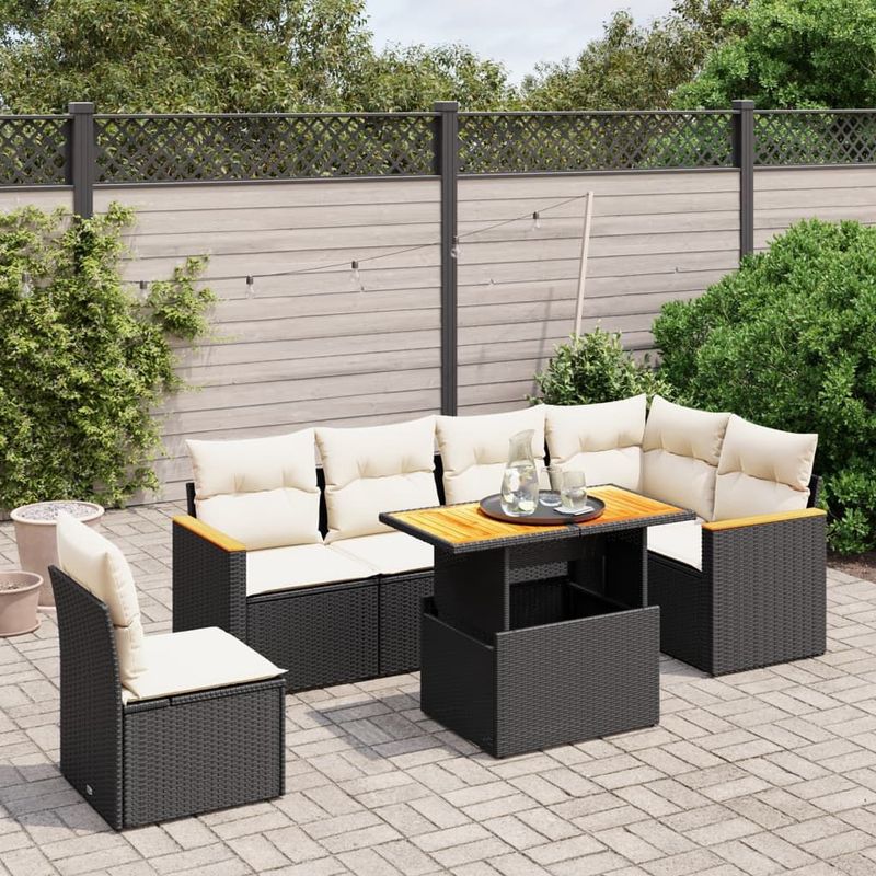 vidaXL - 7-delige - Loungeset - met - kussens - poly - rattan - zwart