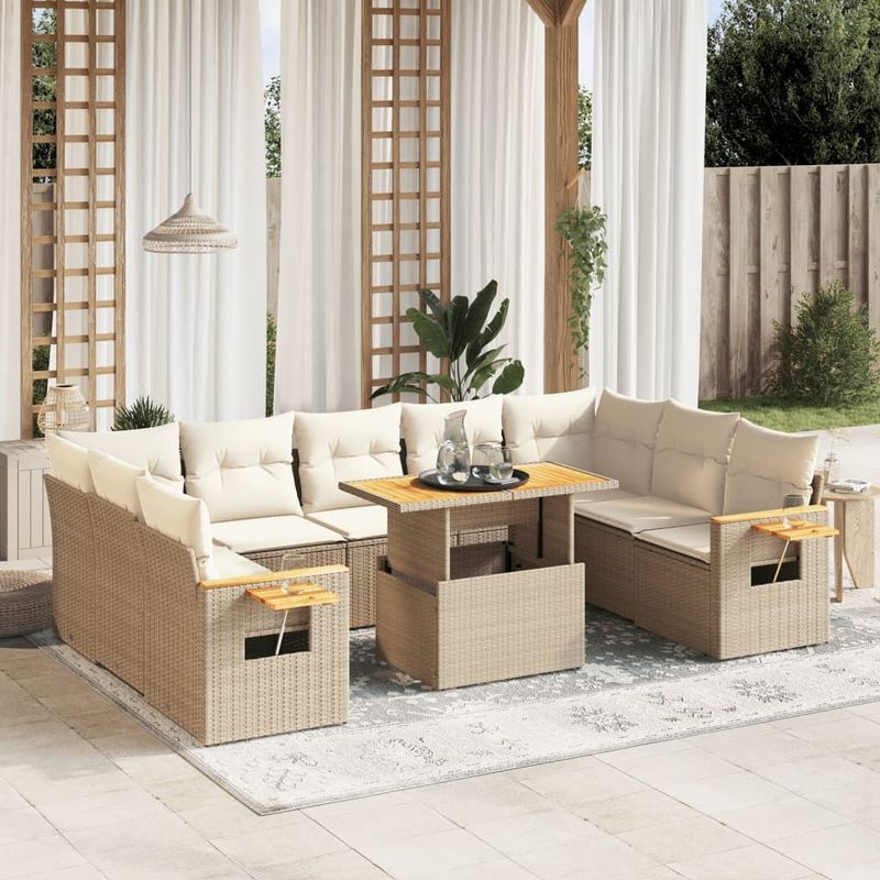 vidaXL - 10-delige - Loungeset - met - kussens - poly - rattan - beige