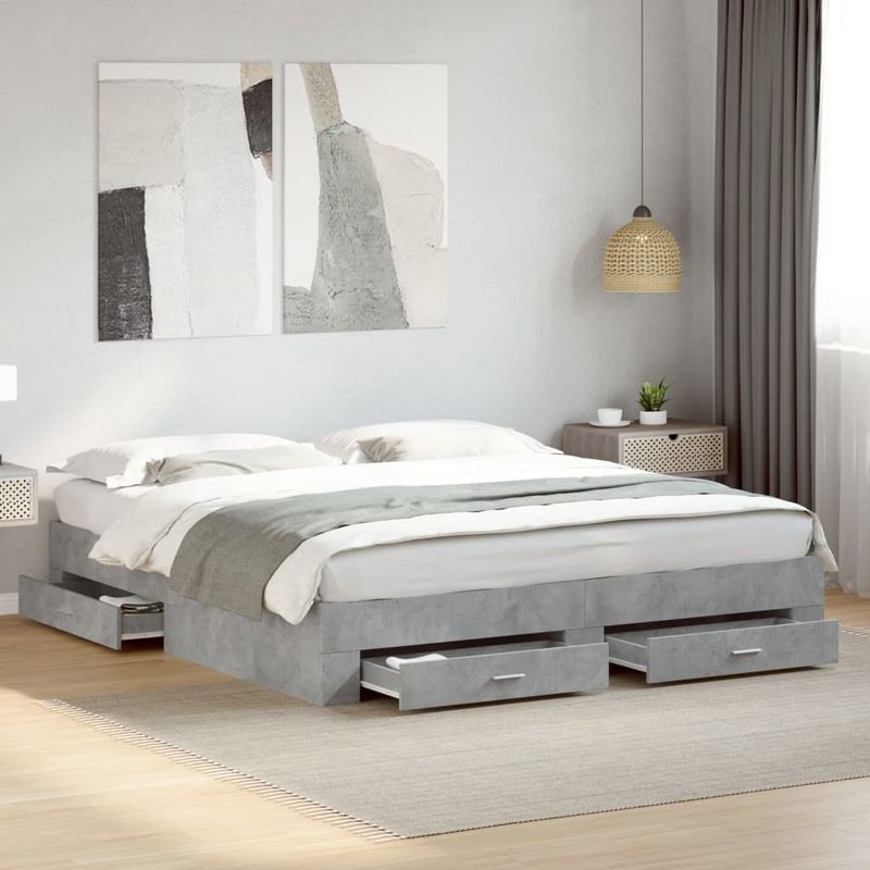 vidaXL - Bedframe - met - lades - bewerkt - hout - betongrijs - 180x200 - cm