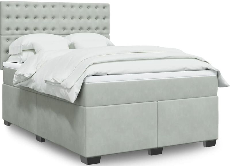 vidaXL - Boxspring - met - matras - fluweel - lichtgrijs - 140x200 - cm