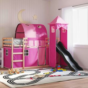 vidaXL Stapelbed met glijbaan en gordijnen roze 90x200 cm