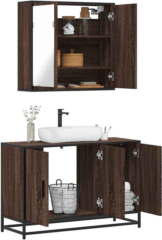 vidaXL - 2-delige - Badkamermeubelset - bewerkt - hout - bruin - eikenkleur