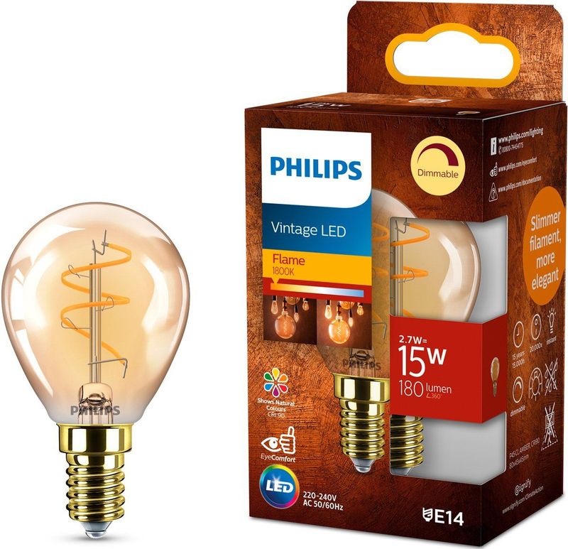 Philips LED lamp E14 | Kogel P45 | Filament | Goud | 1800K | Dimbaar | 2.7W (15W)