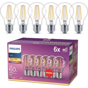 Philips LED lamp transparant E27 7W 2700K Warmwit (6 Stuks)