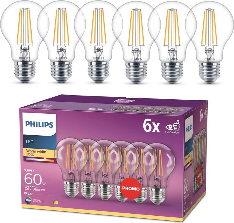 Philips LED lamp transparant E27 7W 2700K Warmwit (6 Stuks)