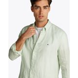 Tommy Hilfiger - Groen Effen Overhemd - Linnen - Lange Mouwen - Button Down Kraag