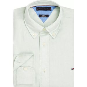 Tommy Hilfiger - Groen Effen Overhemd - Linnen - Lange Mouwen - Button Down Kraag