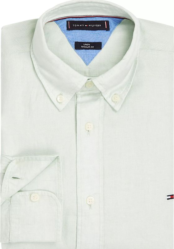 Tommy Hilfiger - Groen Effen Overhemd - Linnen - Lange Mouwen - Button Down Kraag
