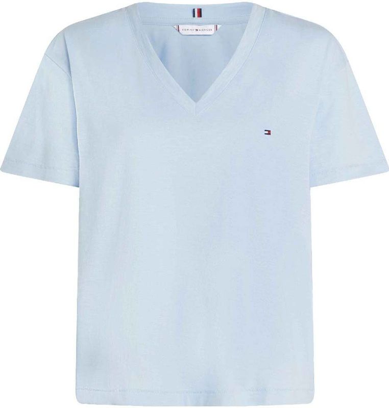 TOMMY HILFIGER - Shirt - Duifblauw - V-hals - Losse Pasvorm - Kwartmouw
