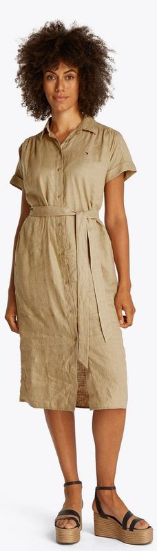 Tommy Hilfiger Linnen midi-hemdjurk met korte mouwen voor dames, Beige (Kameel), 58