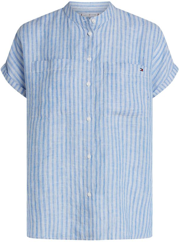 Tommy Hilfiger - ESS Linnen Collarless S/S Blouse - Blauw - Viscose Crêpe