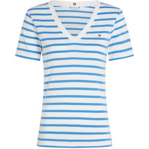 TOMMY HILFIGER Dames NIEUWE SLIM CODY V-NK SS WW0WW40584, Wit, S, Wit (Ecru/Blauwe Spell Stp), S