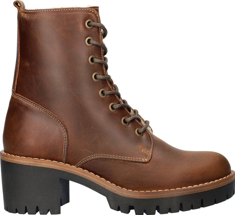 Nelson - Dames Veterboot - Licht Gewaxt Leer - Rubberen Loopzool - Fake-Fur