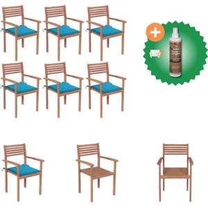 vidaXL Stapelbare Teakhouten Tuinstoelen 56 x 51 x 90 cm Duurzaam Blauwe kussens 6 stoelen + 6 kussens vidaXL Tuinstoel Inclusief Houtreiniger en verfrisser