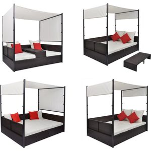 vidaXL Tuinbed met luifel 190x130 cm poly rattan bruin - Tweepersoons Ligbed - Tweepersoons Ligbedden - Buitenbed - Buitenbedden