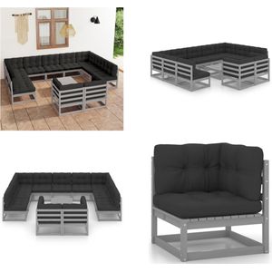 Vidaxl - 12-tlg. Garten-Lounge-Set mit Kissen Grau Massivholz Kiefer - Garten Lounge Set - Holzmöbel - Gartenmöbel - Outdoor Möbel - Rattan
