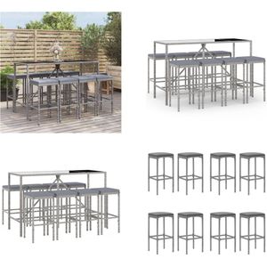 vidaXL 9-delige Tuinbarset met kussens poly rattan grijs Tuinbarset - Bartafel - Barkrukken - Buitendecoratie - Tuinset - Lounge Set - Poly Rattan - Kunststof Meubel - Outdoor Furniture - Tuinbarset - Tuinbarsets - Bartafelset - Bartafel En Kruk