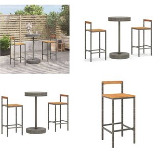 vidaXL 3-delige Tuinbarset poly rattan en massief acaciahout grijs Tuinbarset - Barstoelen - Bartafel - Buitendecor - Tuindecor - PE-rattan - Kunststof Meubel - Grijze Tuinmeubels - Tuinbarset - Tuinbarsets - Bartafelset - Bartafel En Stoel