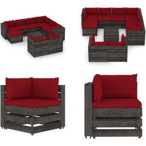 vidaXL 10-delige Loungeset met kussens grijs geïmpregneerd hout - Pallet Loungeset - Pallet Loungesets - Tuinset - Tuinsets