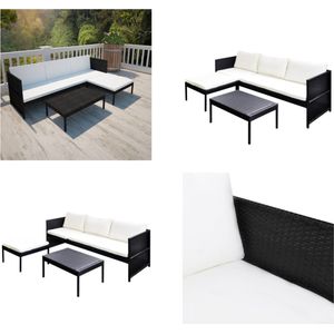 vidaXL-3-delige-Loungeset-met-kussens-poly-rattan-zwart - Lounge Sets - Lounge Sets - Rotan Lounge Set - Tuin Banken