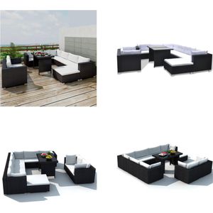 vidaXL-10-delige-Loungeset-met-kussens-poly-rattan-zwart - Eetkamertafel En Eetkamerstoel - Eetkamertafels En Eetkamerstoelen - Eetkamer Set - Keukentafel