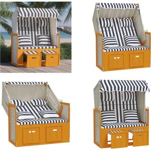 vidaXL Strandstoel met kussens poly rattan en hout wit en blauw - Strandstoel - Strandstoelen - Strandkorb - Zitstoel