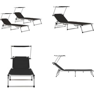vidaXL Ligbedden inklapbaar met dak 2 st aluminium en textileen zwart - Zonnebed - Zonnebedden - Ligstoel - Ligstoelen