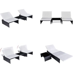 vidaXL Ligbedden 2 st met tafel poly rattan zwart - Zonnebed - Zonnebedden - Loungebed - Loungebedden
